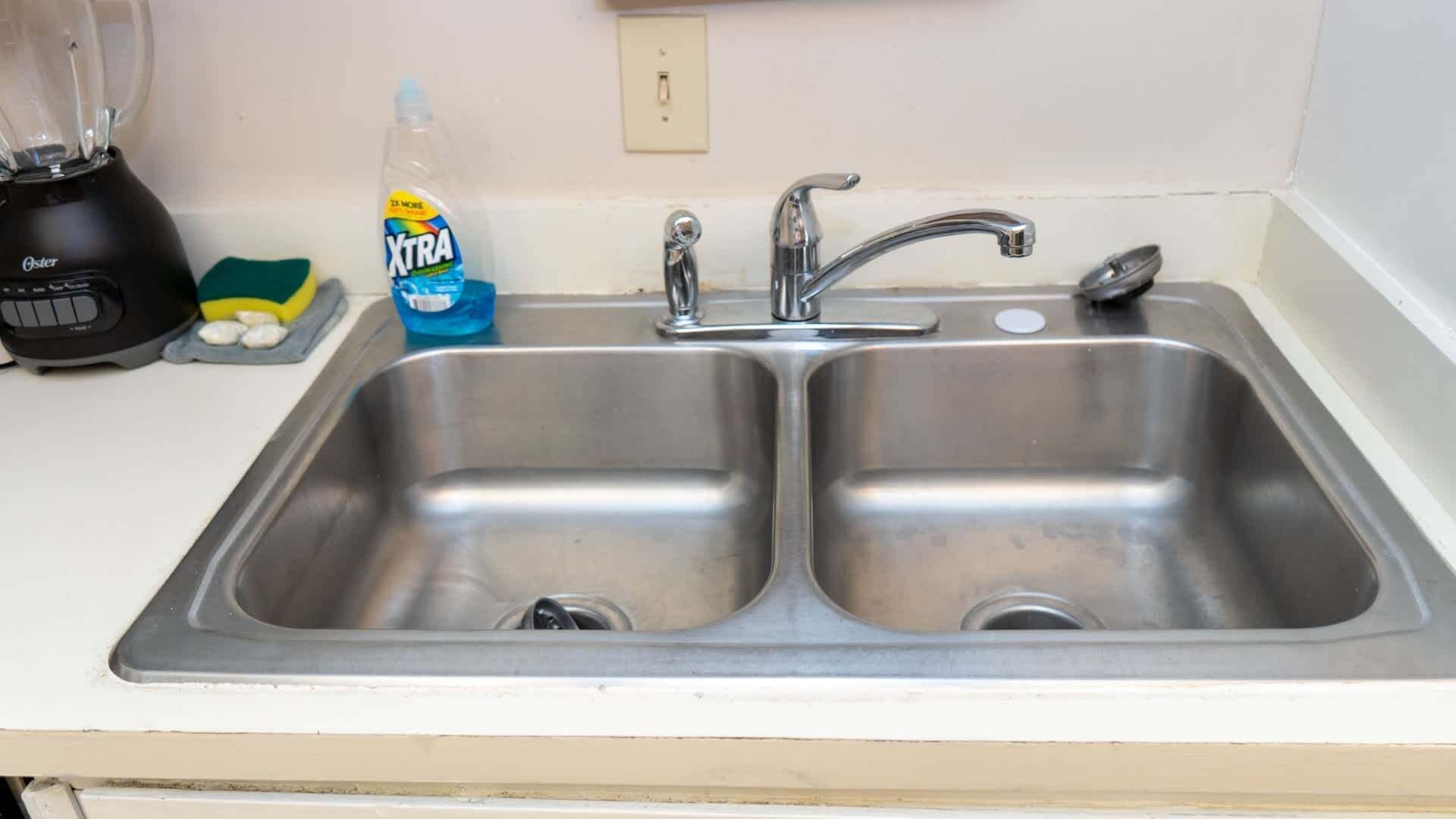 Un lavamanos de acero inoxidable con dos grifos, una licuadora y una botella de detergente sobre la encimera.