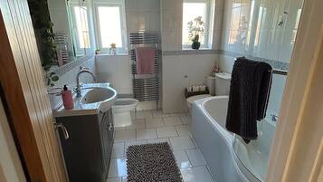 Shower, eco-friendly toiletries, hair dryer, bidet