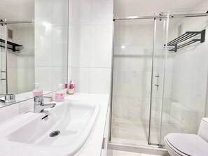 Ein modernes Badezimmer mit Duschkabine aus Glas, einem weißen Waschbecken mit Spiegel und Toilettenartikeln auf der Ablagefläche.