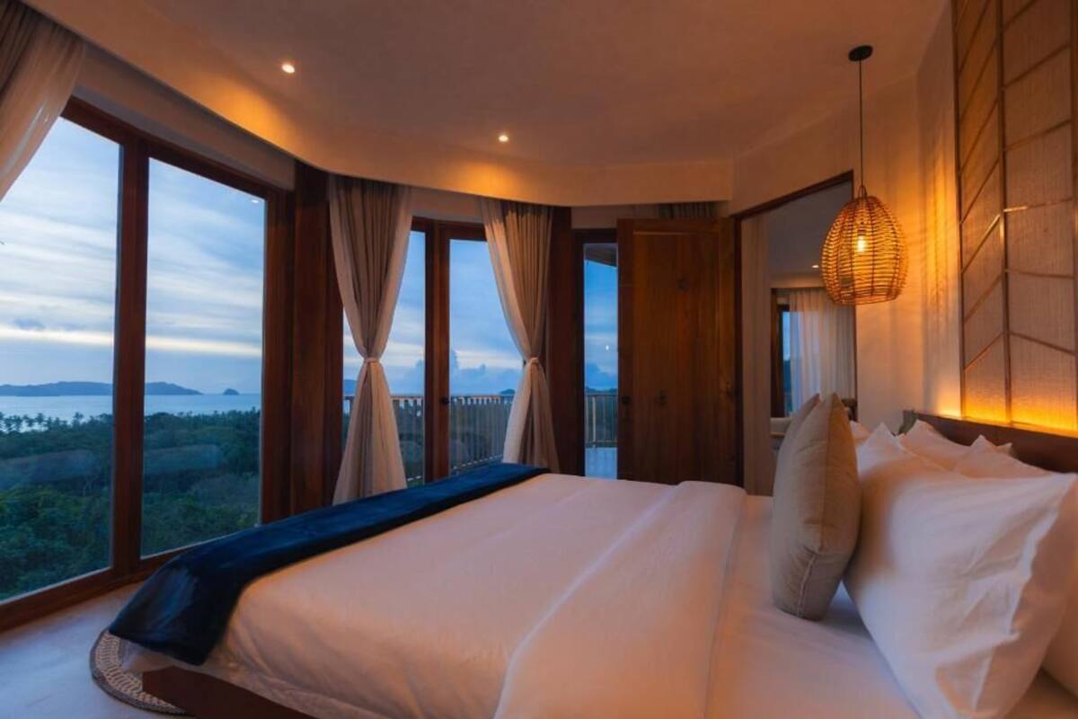 A bedroom with a large bed, curtains, a hanging light fixture, and a view of the outdoors.
