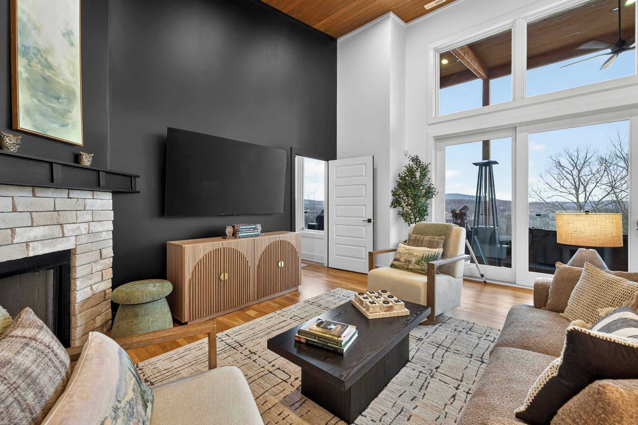 Smart TV, fireplace, foosball