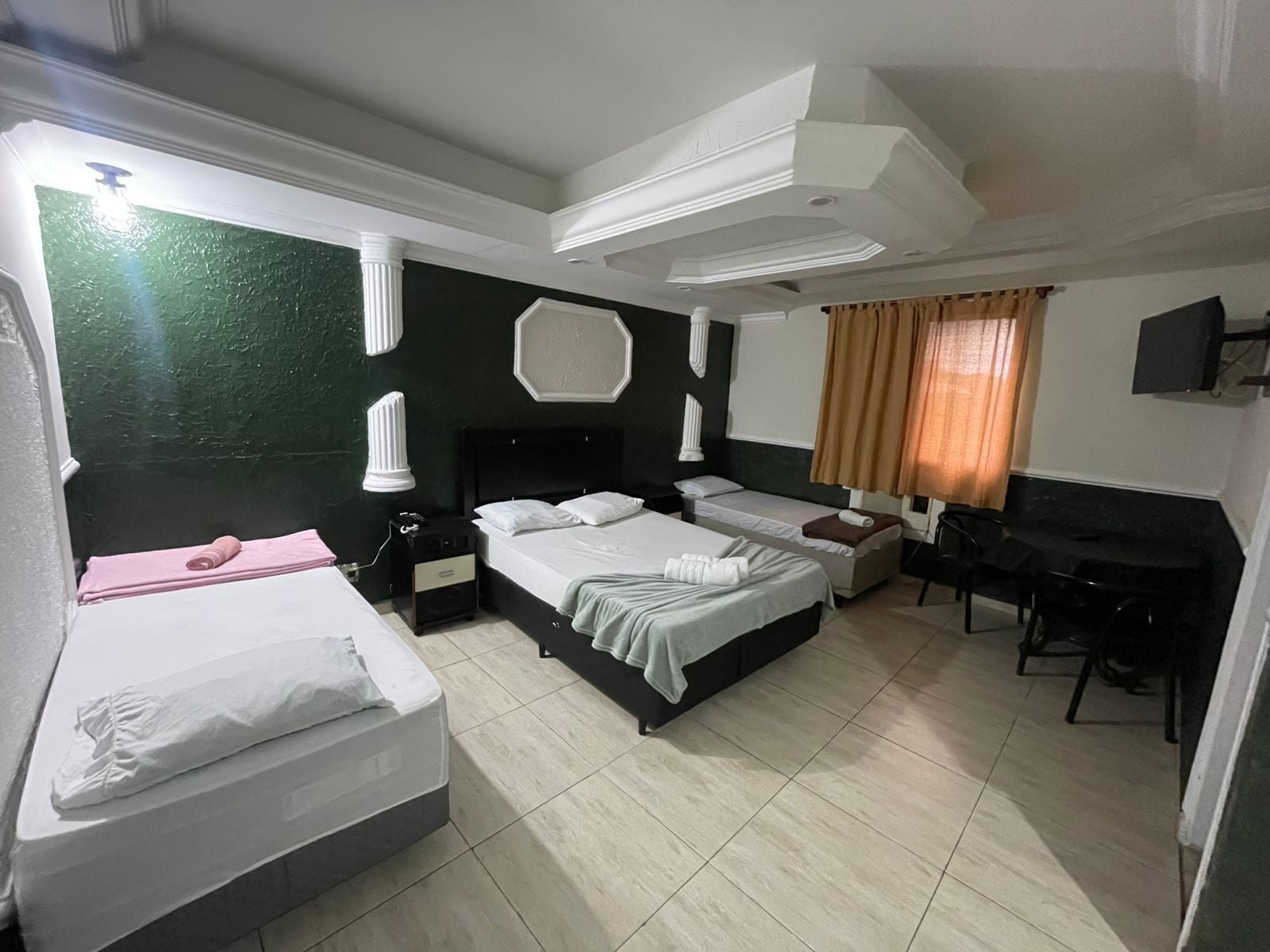 Desk, free WiFi, bed sheets
