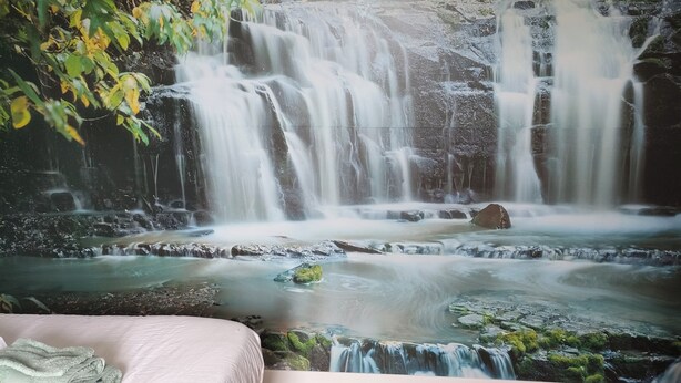 A bedroom with a mural of a waterfall, a bed with a white bedspread, and a wooden floor. - Room with outdoor spa unlimited access (Porcaro)