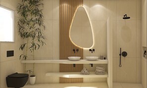 Hair dryer, slippers, towels, soap