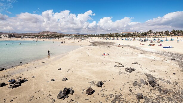 Ein Strand mit klarem Wasser, felsigem Ufer und Liegestühlen.