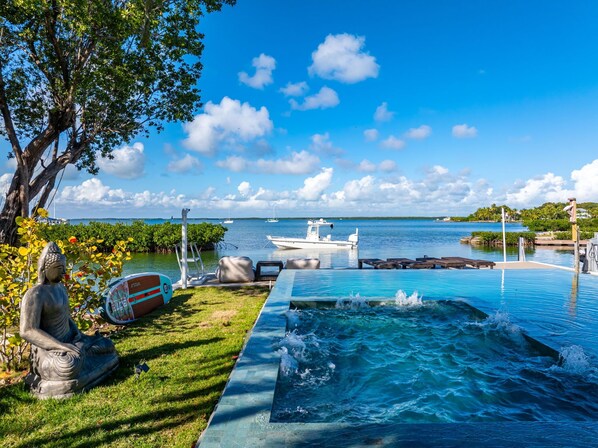 A serene pool area with a statue, a boat dock, and a view of the sea. - Beautiful Key Largo Home sleeps 10 (Key Largo)