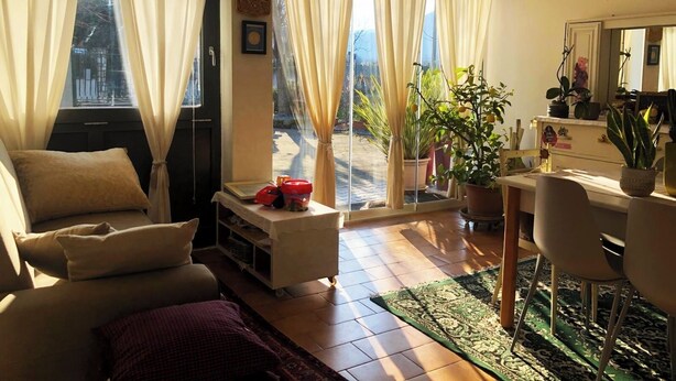 Una sala de estar acogedora con un sofá, una mesita y un comedor con sillas. Hay plantas en macetas y una ventana con cortinas.