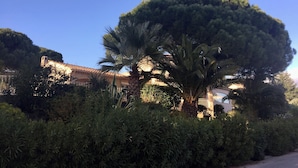 Ein Gebäude mit Ziegeldach, umgeben von dichtem Grün, darunter ein großer Baum und verschiedene Sträucher.