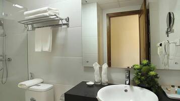 Combined shower/bathtub, designer toiletries, hair dryer, bathrobes