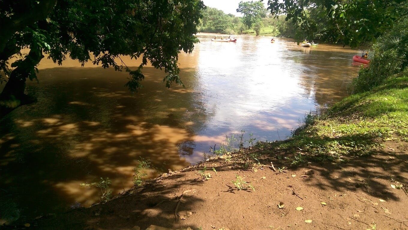 Ein Fluss mit Booten, umgeben von Bäumen und viel Grün.