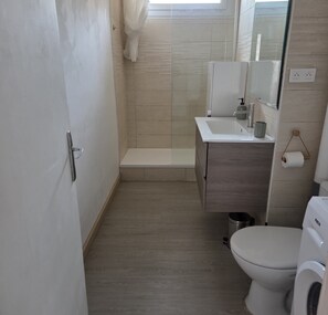 Shower, hair dryer, towels