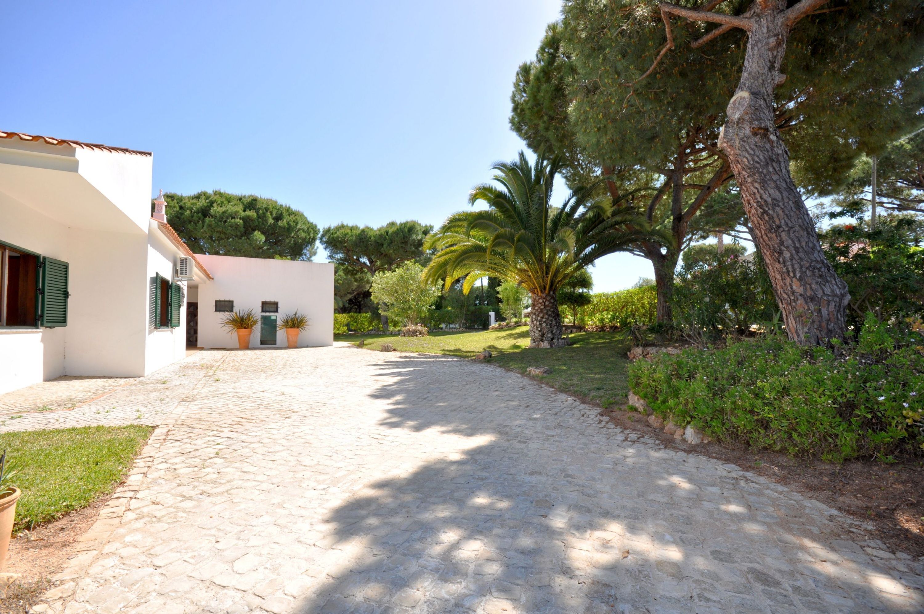 A cobblestone pathway leading to a white building with green shutters, surrounded by lush greenery and trees.