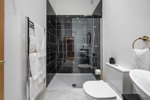 Regadera, toallas, shampoo, papel de baño 
