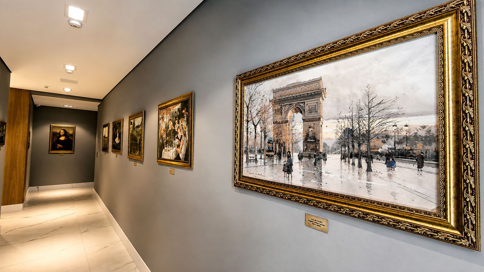 A hallway with framed artworks on the walls and a marble floor.