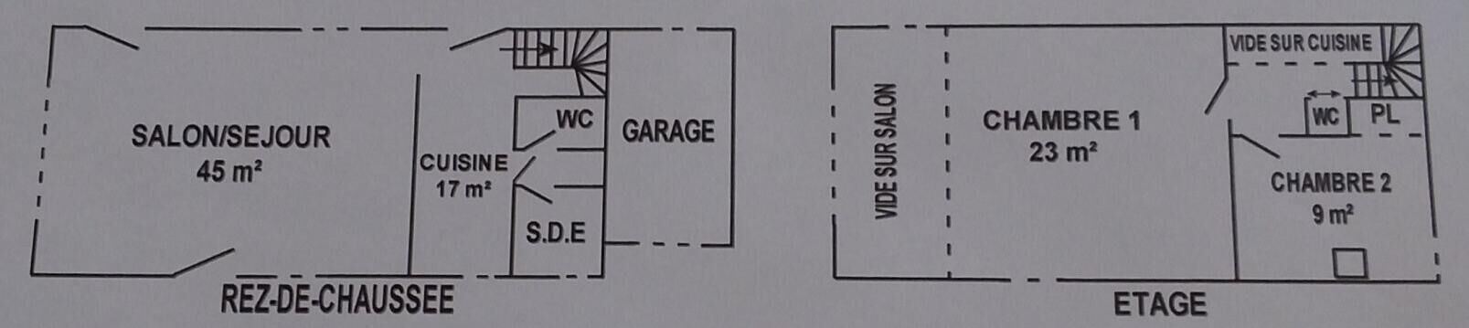 Un plan d’étage comprenant un salon/séjour de 45 m², un garage, une cuisine de 17 m² et un coin repas.
