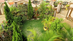 Um jardim exuberante com diversas plantas e uma área gramada central, delimitado por uma cerca decorativa.