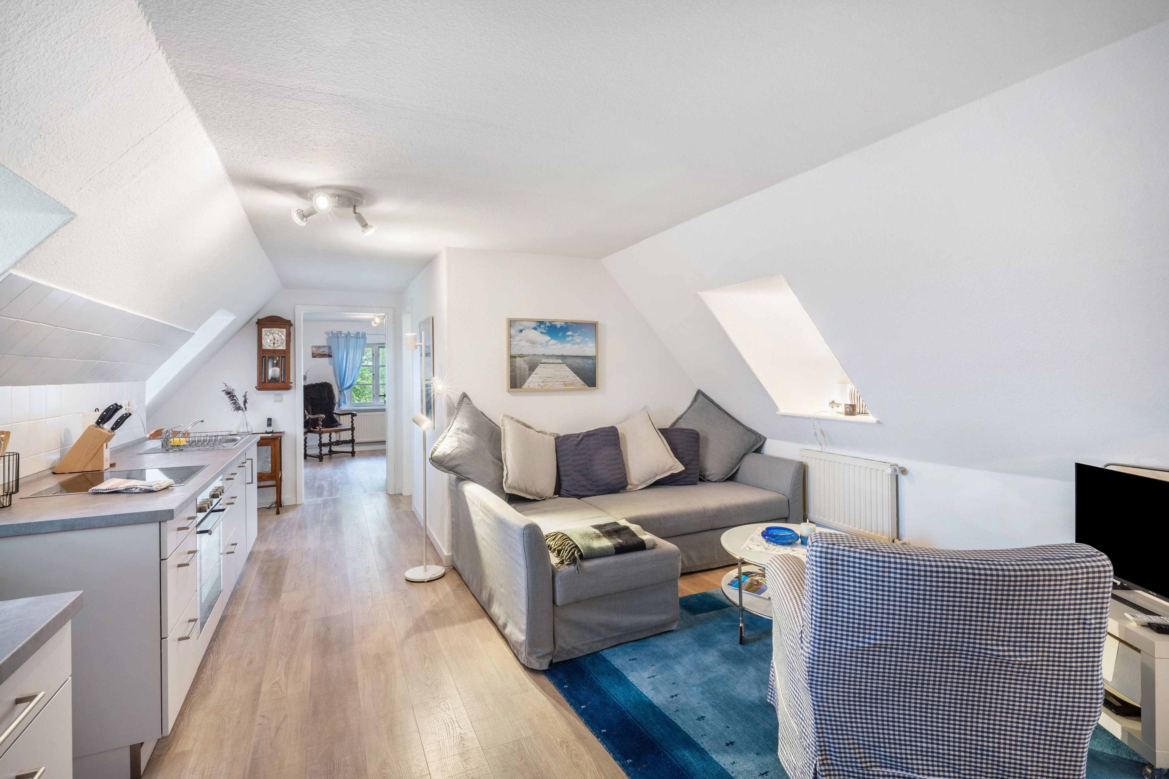 Eine moderne Wohnung mit Küche, einem Wohnbereich mit Sofa und Sessel sowie einem Essbereich.