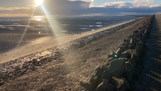 A beach with a rocky barrier, calm water, and a clear sky. - Apartment Vogelkoje with Shared Garden and Wi-Fi (Pellworm)