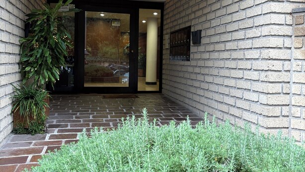 A brick building with a glass door entrance, a small potted plant, and a sign with the number 238. - Marci's House (Rome)