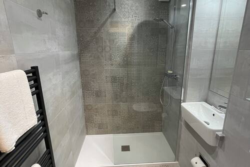 Hair dryer, towels, soap, shampoo