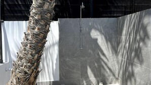 A shower area with a tiled wall and a palm tree outside. - Villa Marina Sea-Views with Private Pool (Peyia)