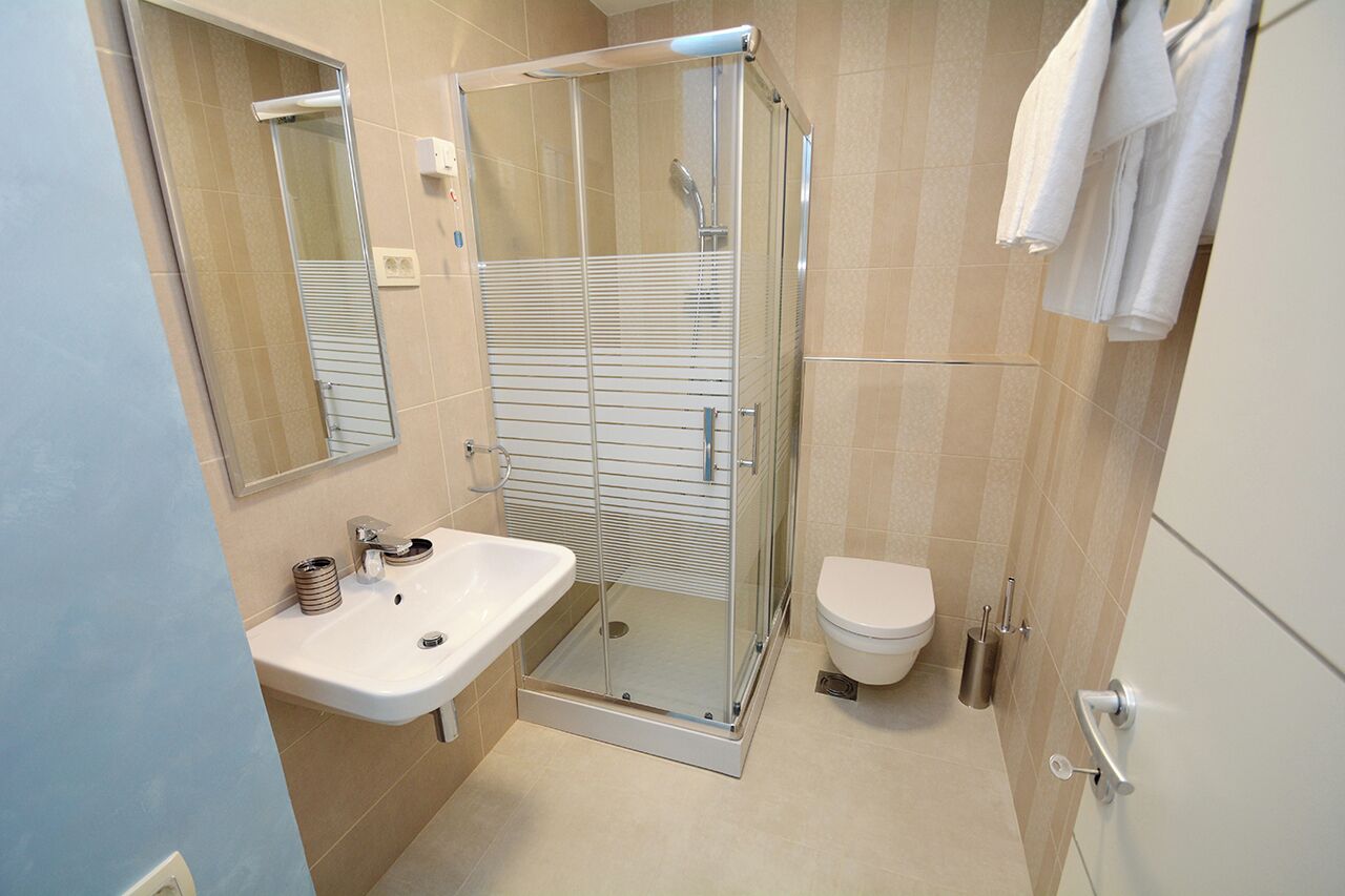 A modern bathroom with a glass-enclosed shower, a white sink, and a toilet.
