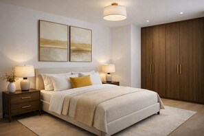 Ein modernes Schlafzimmer mit einem großen Bett, zwei Nachttischen mit Lampen, einem Kleiderschrank und zwei abstrakten Bildern an der Wand.