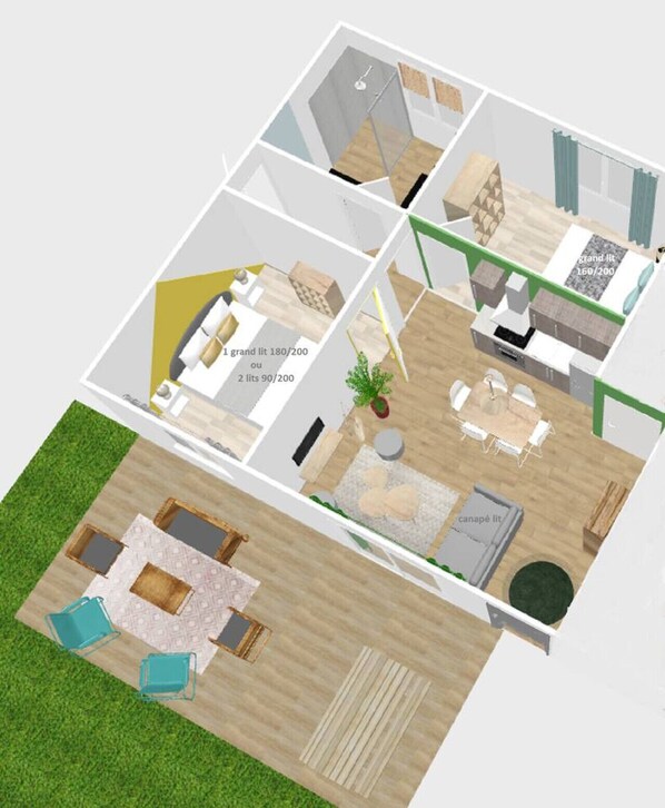 A 3D floor plan of a modern apartment with a living room, kitchen, dining area, and a small balcony.