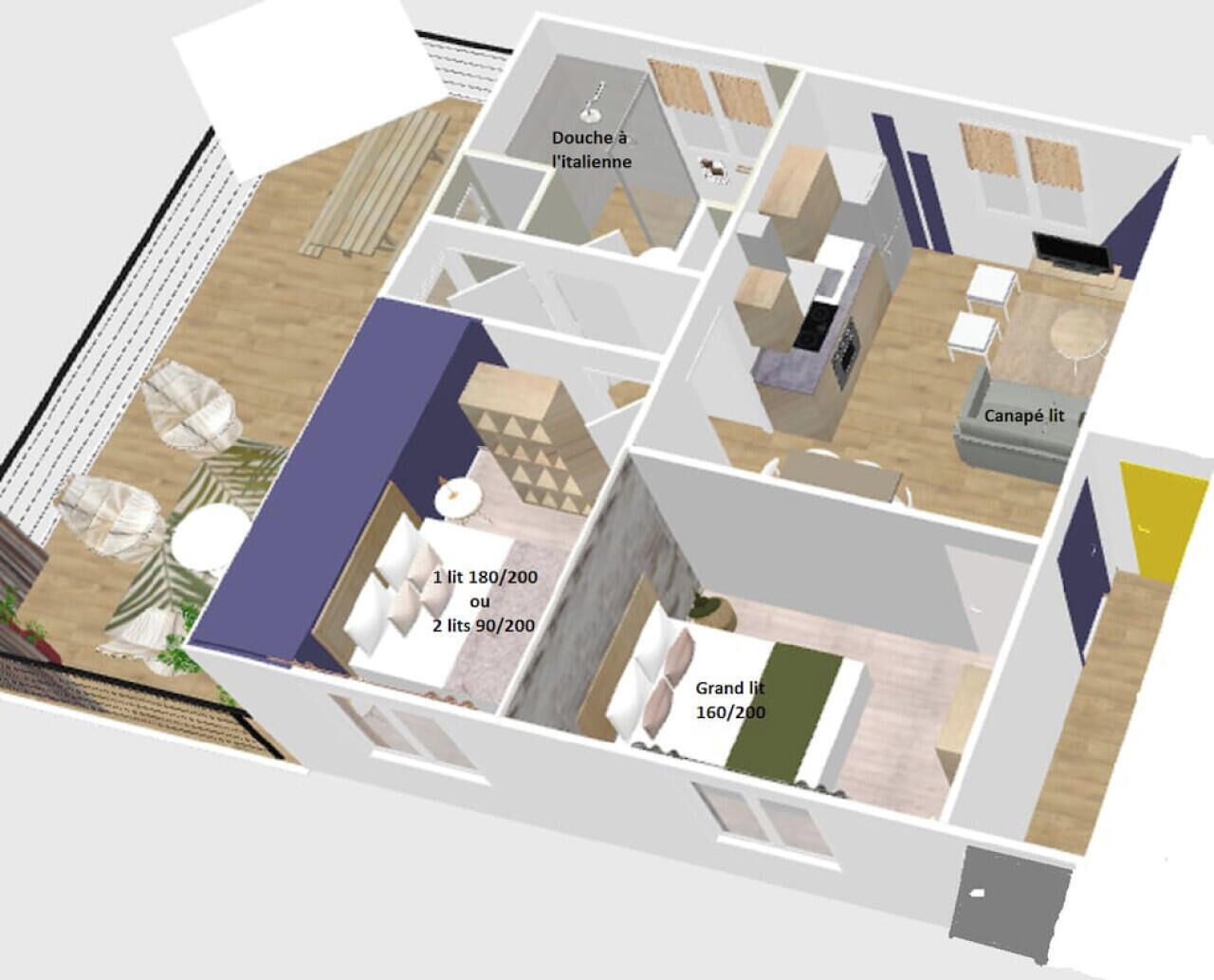 Un plan 3D des étages d’un hôtel, avec les différentes pièces clairement identifiées, notamment une « douche à l’italienne », un « canapé-lit » et un « grand lit ».