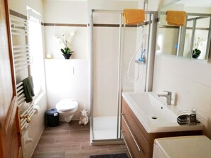 Shower, hair dryer, towels