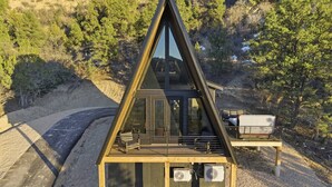 Ett modernt, triangulärt hus med en glasfasad, omgivet av en grusuppfart och träd.