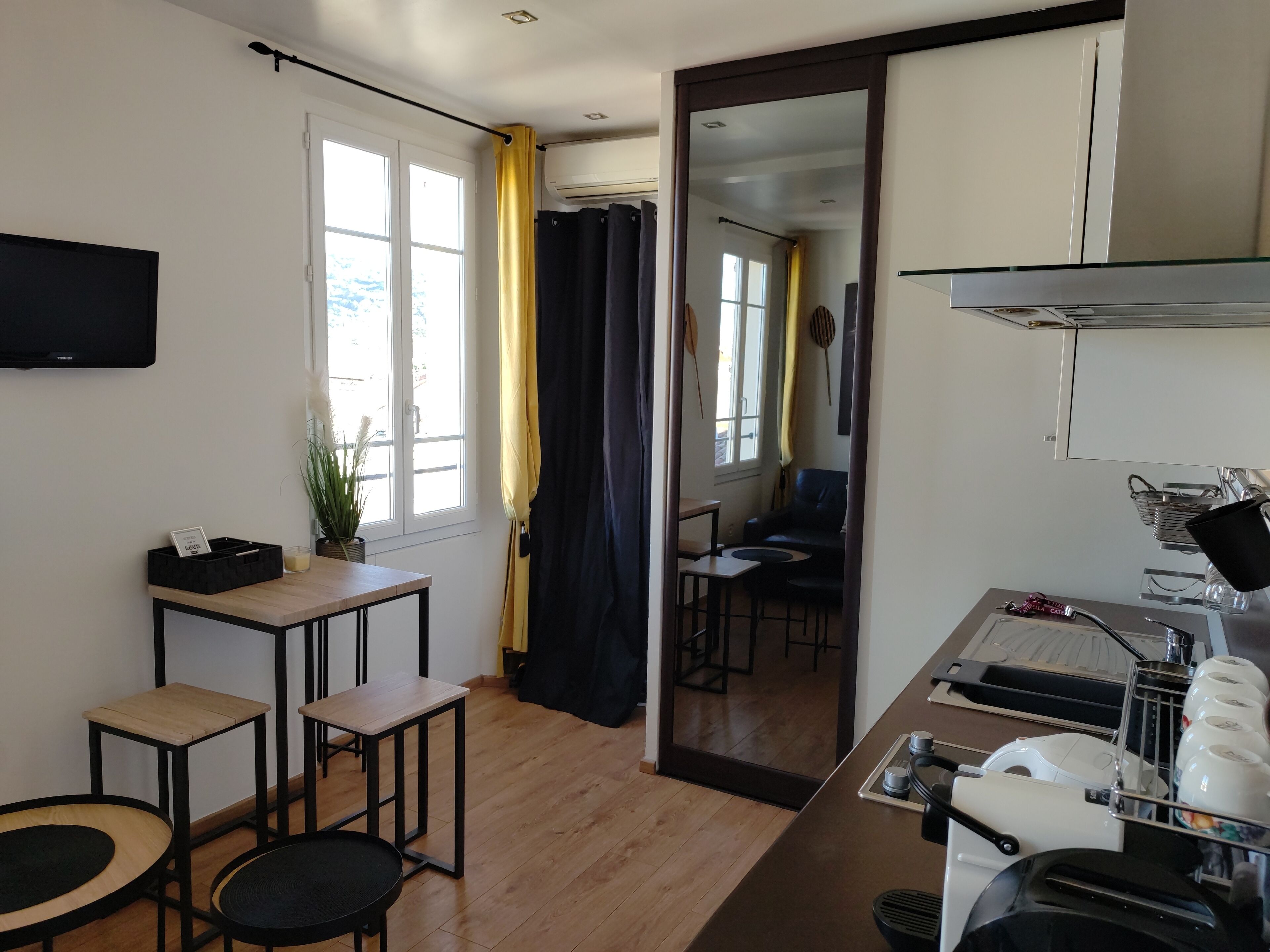 A modern room with a wooden floor, a flat-screen TV, a small table with a plant, and a kitchen area with a coffee machine and utensils.