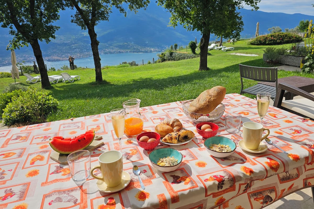 An outdoor dining table with food and drinks, set against a scenic backdrop of trees and mountains.