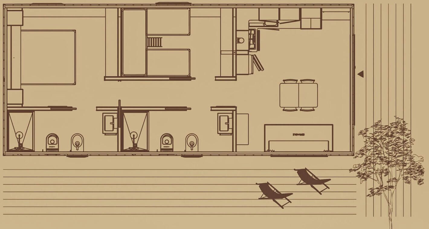 A floor plan of a hotel room with a bed, a desk, a chair, a small table, a wardrobe, a bathroom, and a balcony with two chairs.