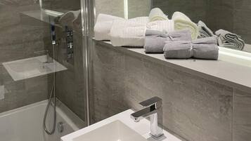 Shower, hair dryer, towels