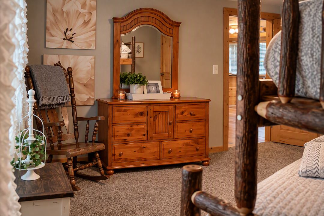 A wooden dresser with a mirror, a chair, and a small table with a candle and a decorative item.