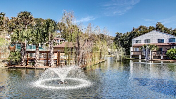 A serene lake with a fountain in the center, surrounded by palm trees and a wooden deck. - Amelia Island 2 Bedroom Getaway located in Forest Ridge (Fernandina Beach)