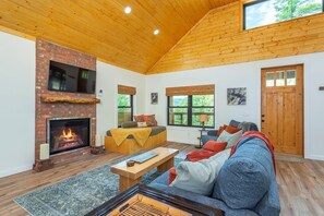 Smart TV, chimenea y libros 