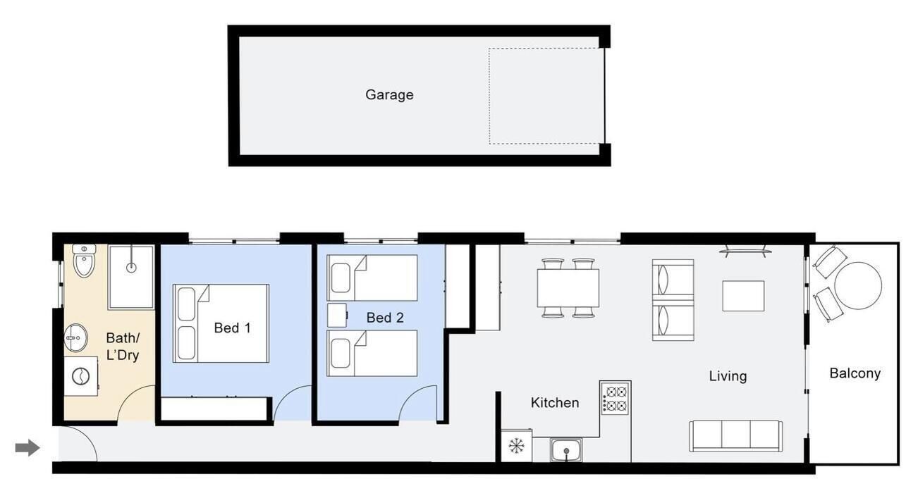A floor plan with a garage, two bedrooms, a bathroom, a kitchen, a living area, and a balcony.