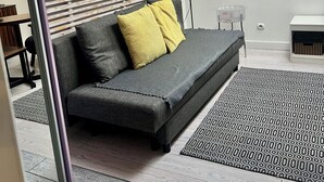 Et moderne soveværelse med en grå sovesofa, to billeder af bybilleder i rammer, en sort gulvlampe og en tæppe med et mønster.