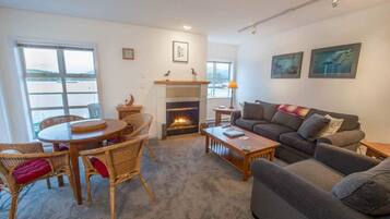 TV connectée, cheminée, lecteur de DVD, livres