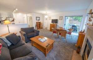 TV connectée, cheminée, lecteur de DVD, livres