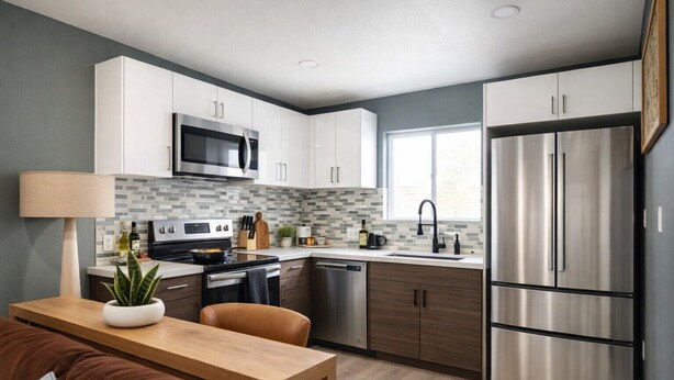 Una cocina moderna con armarios blancos, electrodomésticos de acero inoxidable, una mesa de comedor de madera y un ventanal que proporciona luz natural.