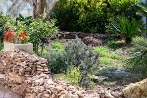 A garden with a stone wall, various plants, and a small water feature.