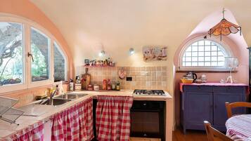 Een koelkast, een magnetron, een oven, een kookplaat