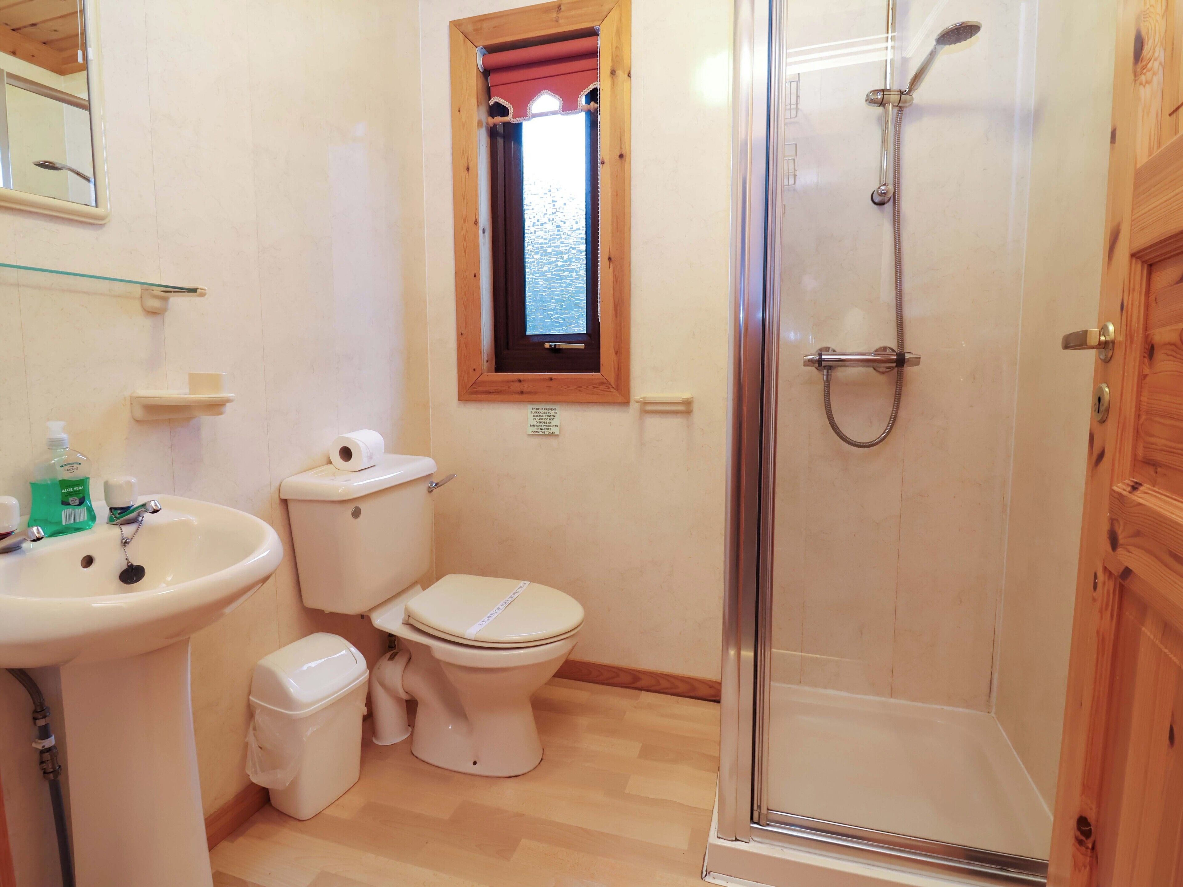 Ein Badezimmer mit Waschbecken, Toilette und Dusche.