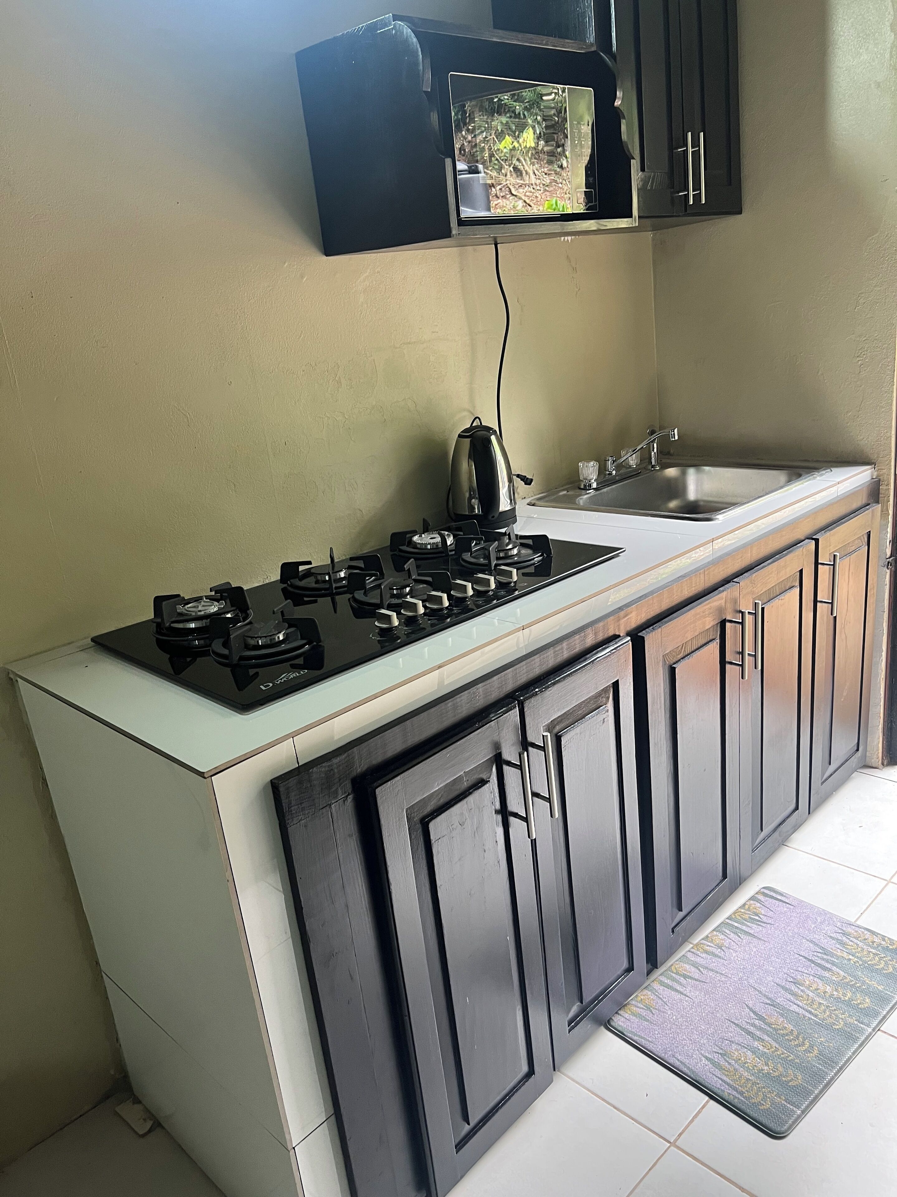 A compact kitchen with a gas stove, a microwave, and a sink.