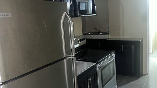 Une cuisine moderne dotée d’appareils électroménagers en acier inoxydable, de meubles de rangement noirs et d’un four à micro-ondes.