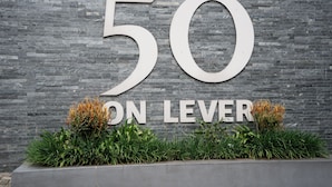 Un gran número '50' en una pared de piedra con el texto 'ON LEVER' debajo, rodeado de follaje.