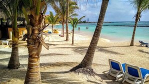 A beach with palm trees, clear turquoise water, and blue chairs. - Beachfront|PrivateHotTube|Grill|Groundfloor (Puerto Aventuras)